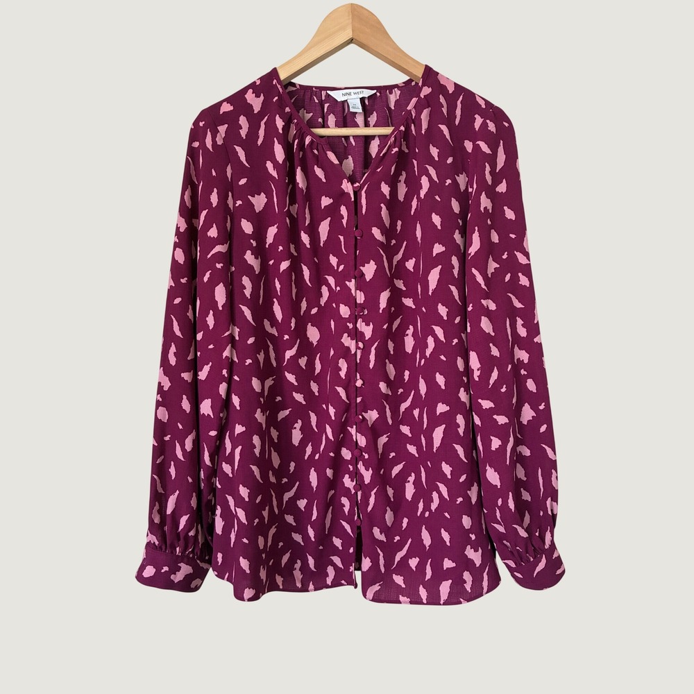 Nine West Magenta Pink Abstract Print Button Front Blouse Long Sleeve Womens M